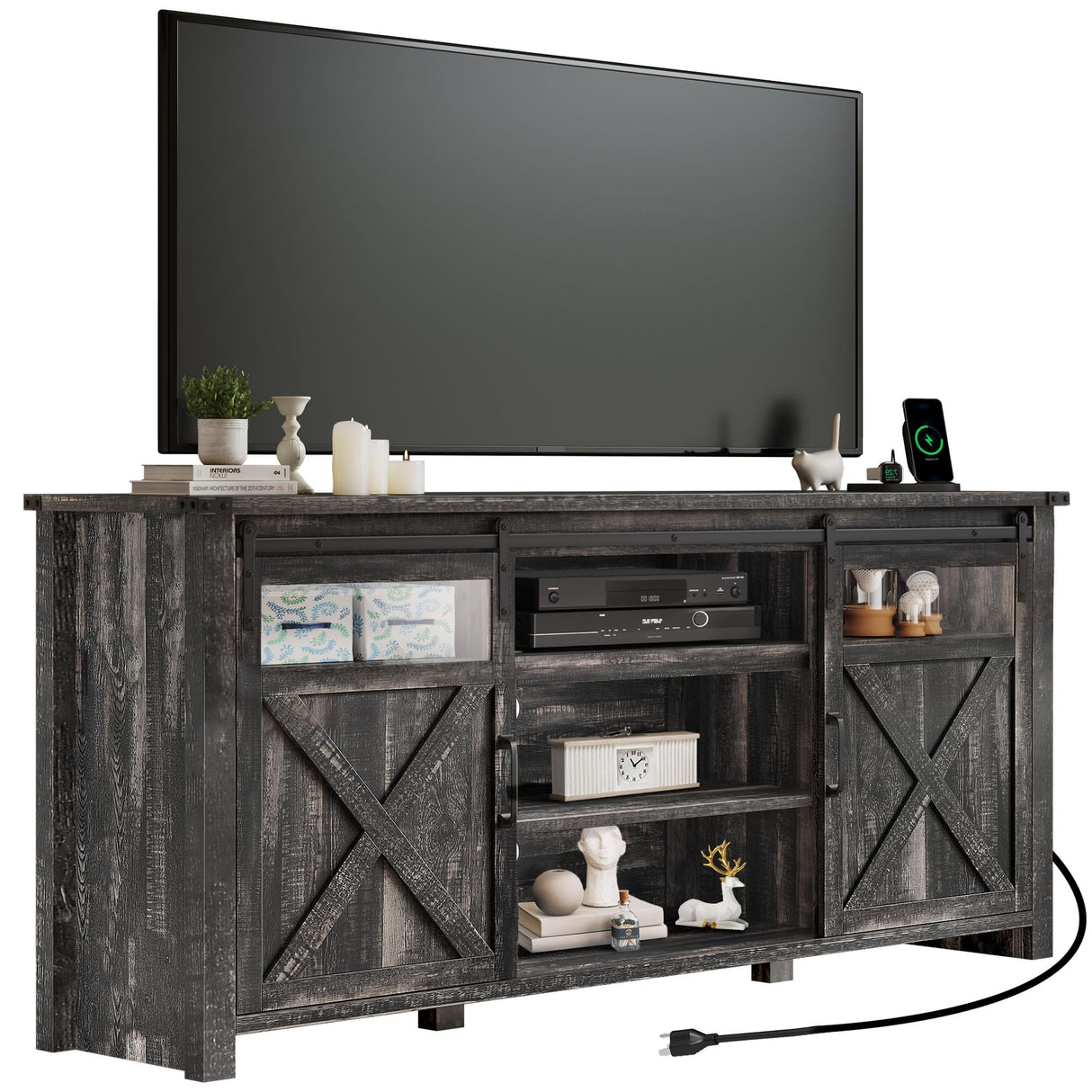 YITAHOME Farmhouse TV Stands for 75 Inch TV with Power Outlets, Entertainment Center with Sliding Barn Doors and Adjustable Shelves, TV Cabinet Media Console Table for Living Room, Dark Rustic Oak YITAHOME