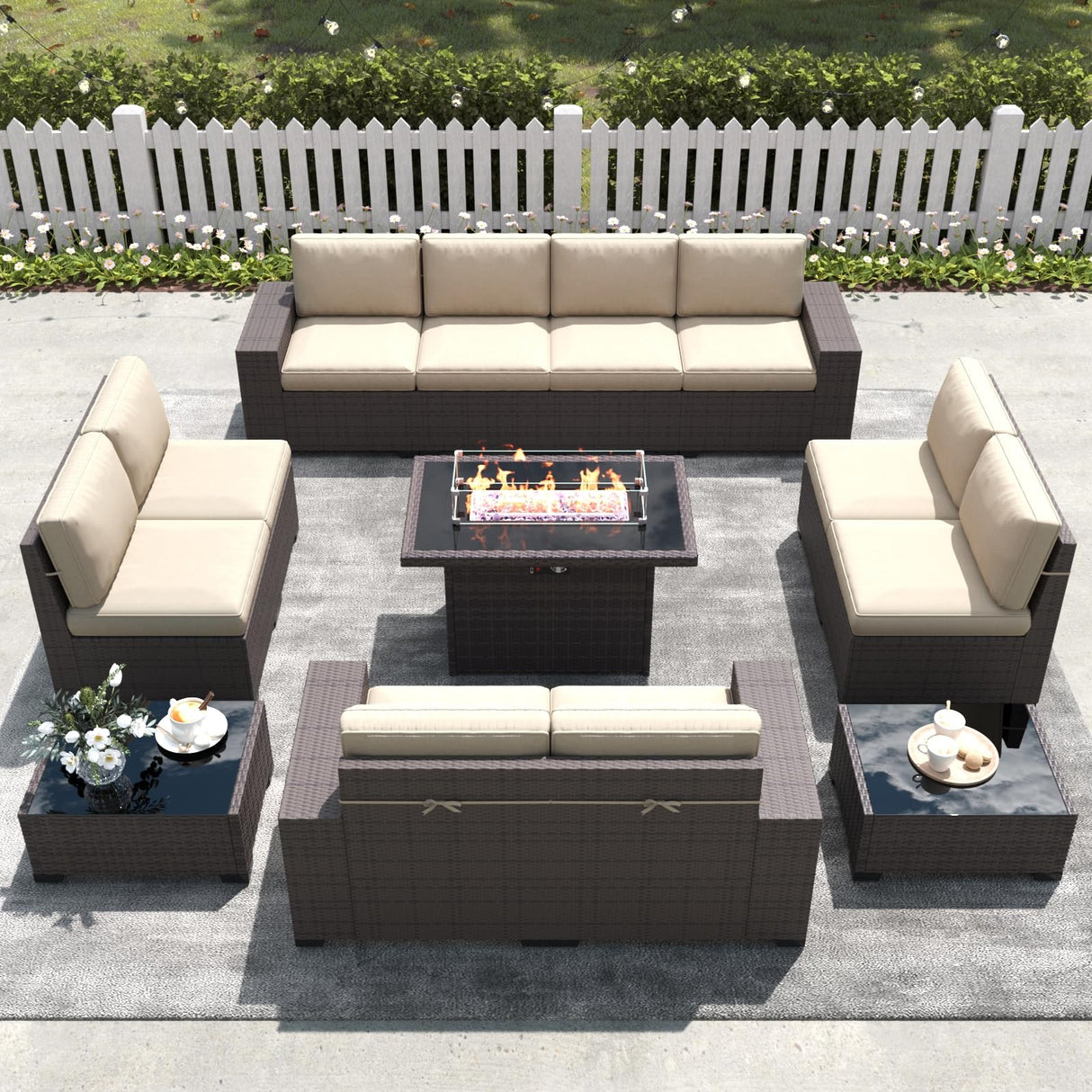 LayinSun 13 Pieces Outdoor Patio Furniture Set with 44" Fire Pit Table Brown Rattan Sectional Sofa Conversation Sets LayinSun