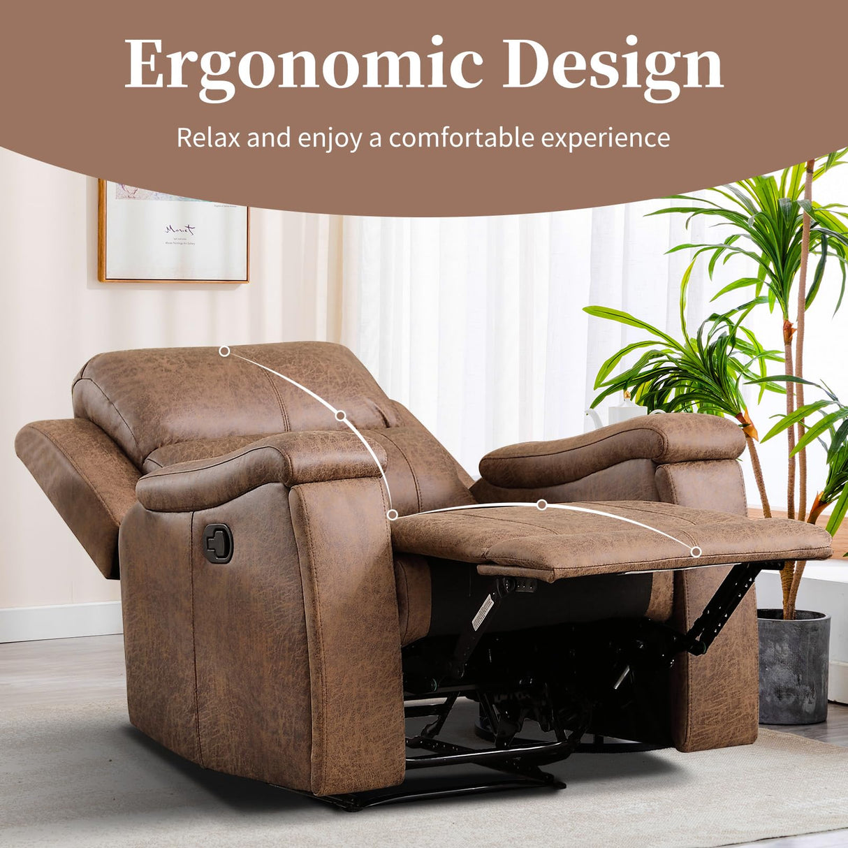 EBELLO Recliner Chair, Single Overstuffed Sofa Recliner, Breathable Faux Leather Manual Reclining Chairs with Hidden Cup Holder, Arm and Back for Adults, Living Room, Bedroom, Light Brown EBELLO