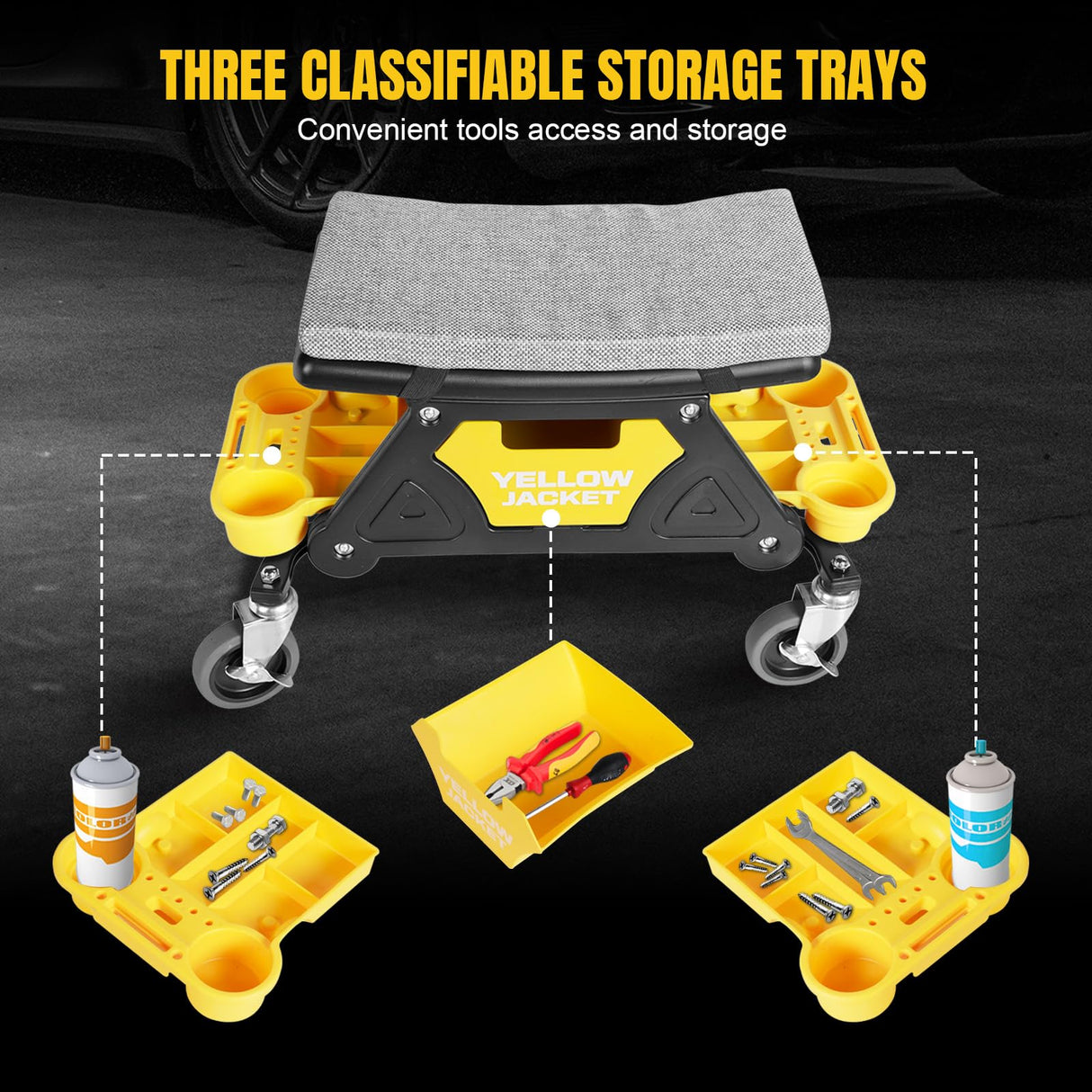 YELLOW JACKET Mechanic Stool with Wheels Rolling Stool Chair 300 lbs Capacity,Garage Mechanics Seat with Two Tool Tray and A Drawer Workshop Creeper Seat for Auto Repair Work YELLOW JACKET