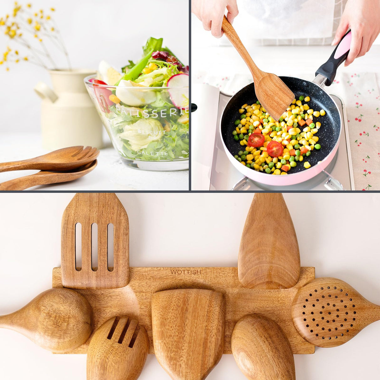 Wooden Spoons for Cooking - 8-Piece Wooden Kitchen Utensil Set made of Natural Solid Wood Material - Includes Spoons, Spatulas, Ladles, Strainer Spoon, Salad Fork, Mixing Spoon and Utensil Holder WOTTISH