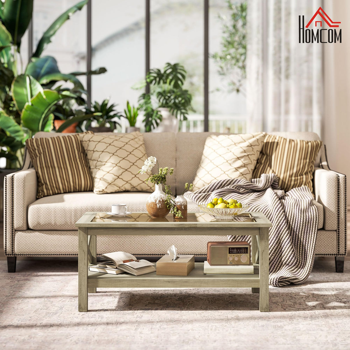 HOMCOM Glass Coffee Table, Modern Farmhouse Center Table with Storage, Side Table for Living Room with Classic X-Bar Style Sides, Gray HOMCOM