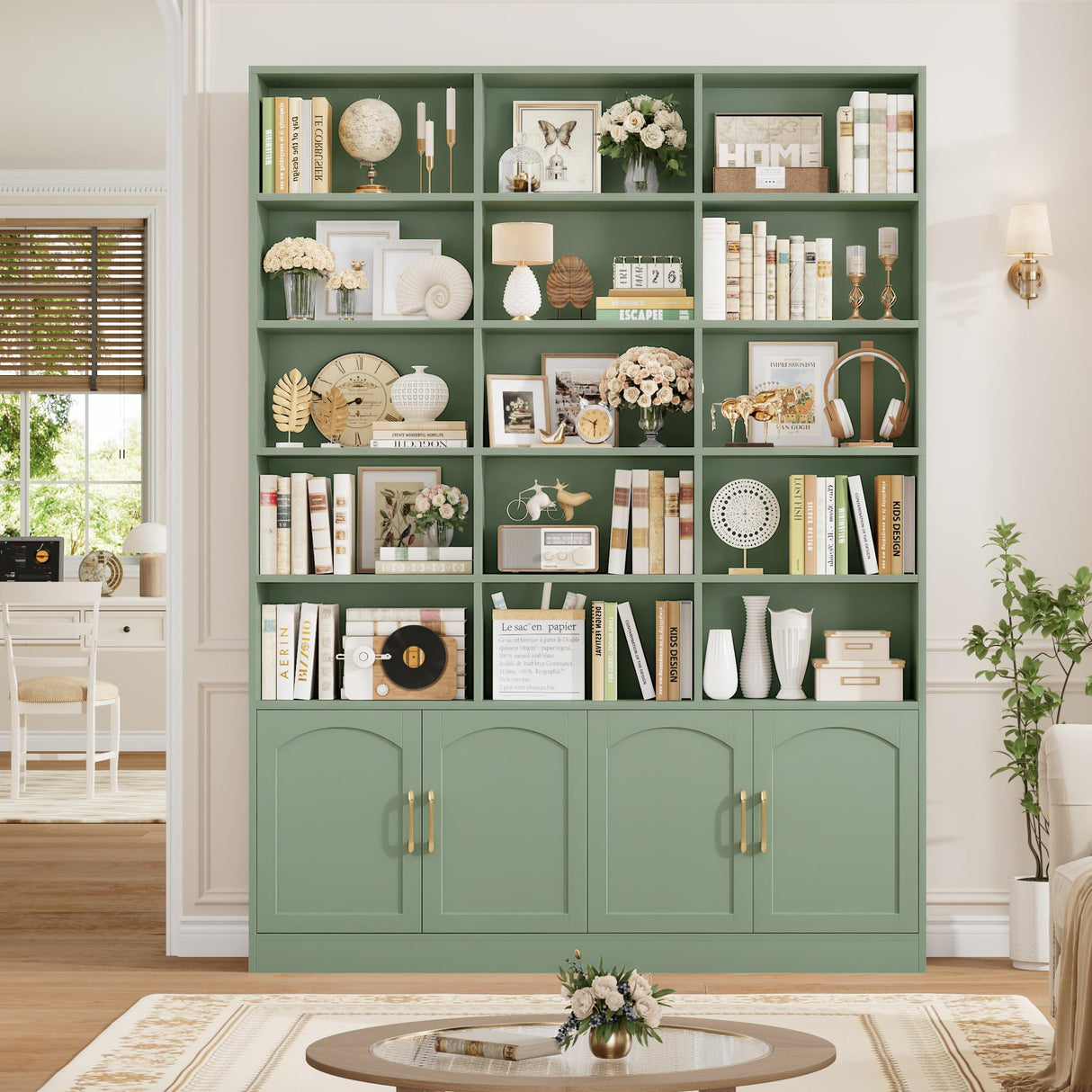 FACBOTALL 82.3" Triple Wide Bookshelf, 7-Tier Tall Bookcase with 15-Cube Open Bookshelf & 4 Doors, Large Bookshelf with Storage Cabinet, Modern Bookshelf for Living Room, Office, Study Room, Green FACBOTALL