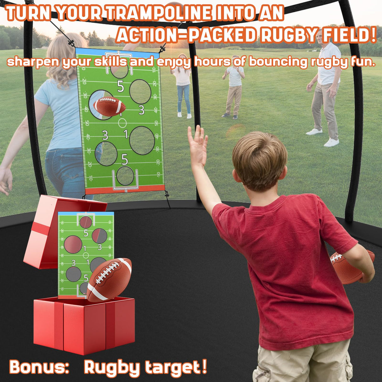 ACWARM HOME Trampoline Outdoor 14FT Trampoline with Safety Net & Rugby Target - Recreational Trampolines for Kids and Adults - Anti-Rust Coated Frame - ASTM Approved - Black ACWARM HOME