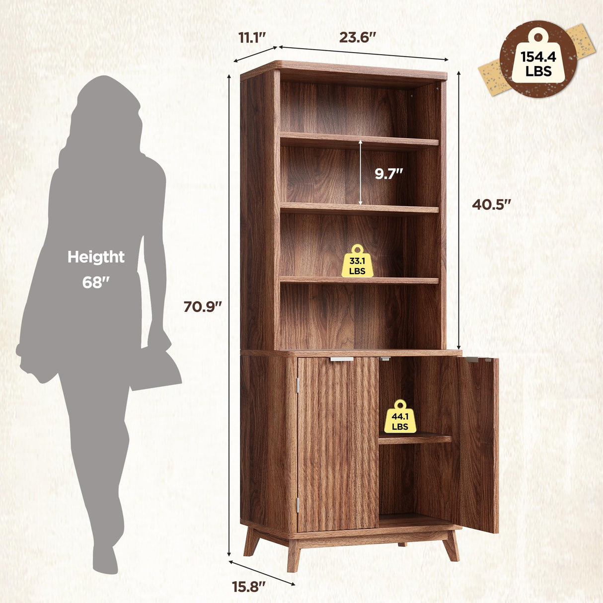 DurayLoly Tall Bookshelf with Doors, 6-Tier Bookcase with Adjustable Shelves & Storage,Fluted Cabinet Mid-Century Modern Wooden Book Shelf for Home Office, Living Room, Kitchen, Walnut DurayLoly