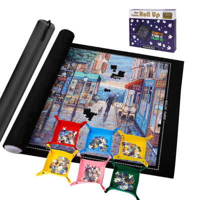 Pohxev Jigsaw Puzzle Mat Roll Up, 46” x 28” 2000 1500 1000 Pieces, Puzzle Mats Roll-Up Save Pad with 6 Leather Sorting Trays & 1 Storage Bag. Sheets and Frame Keeper Accessories for Adults