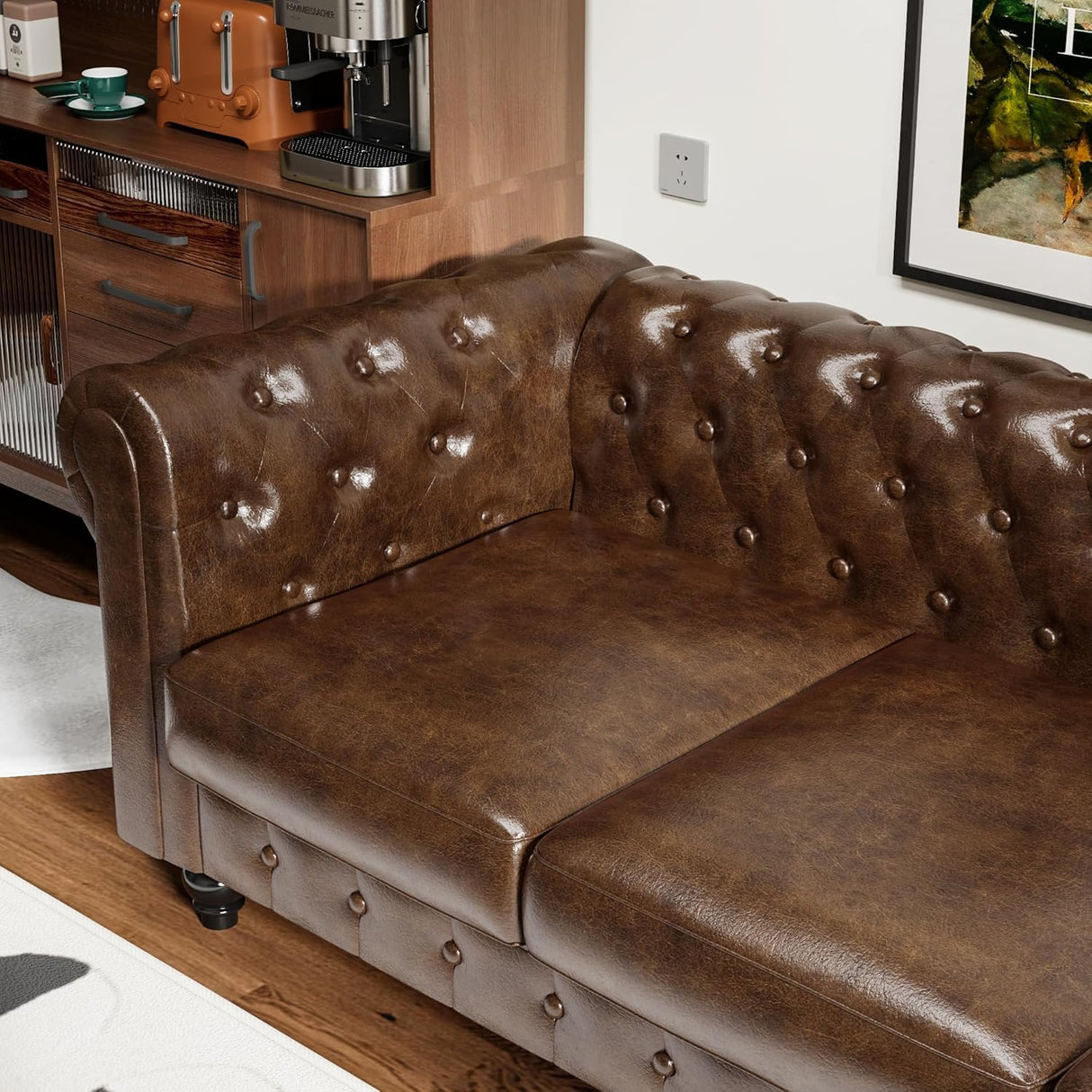 ReyTinn Modern Chesterfield Button-Tufted Couch, 88" Brown PU Leather 3 Seater Sofa, Home Luxury Upholstered Sofa Deep Seat Couch for Living Room Apartment Home Office ReyTinn