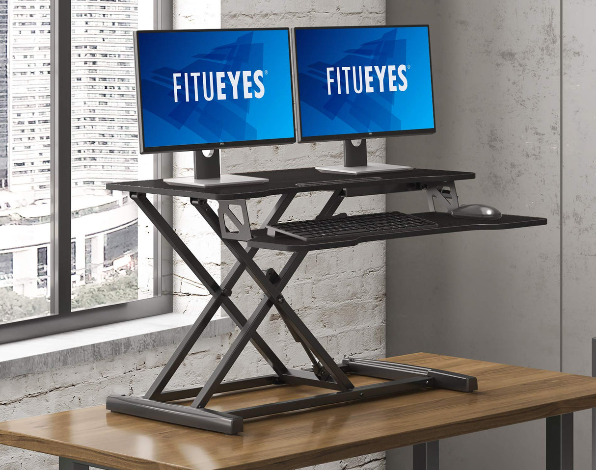 FITUEYES Height Adjustable Standing Desk 32” Wide Sit to Stand Converter Stand Up Desk Tabletop Workstation for Dual Monitor Riser FSD308001WB FITUEYES