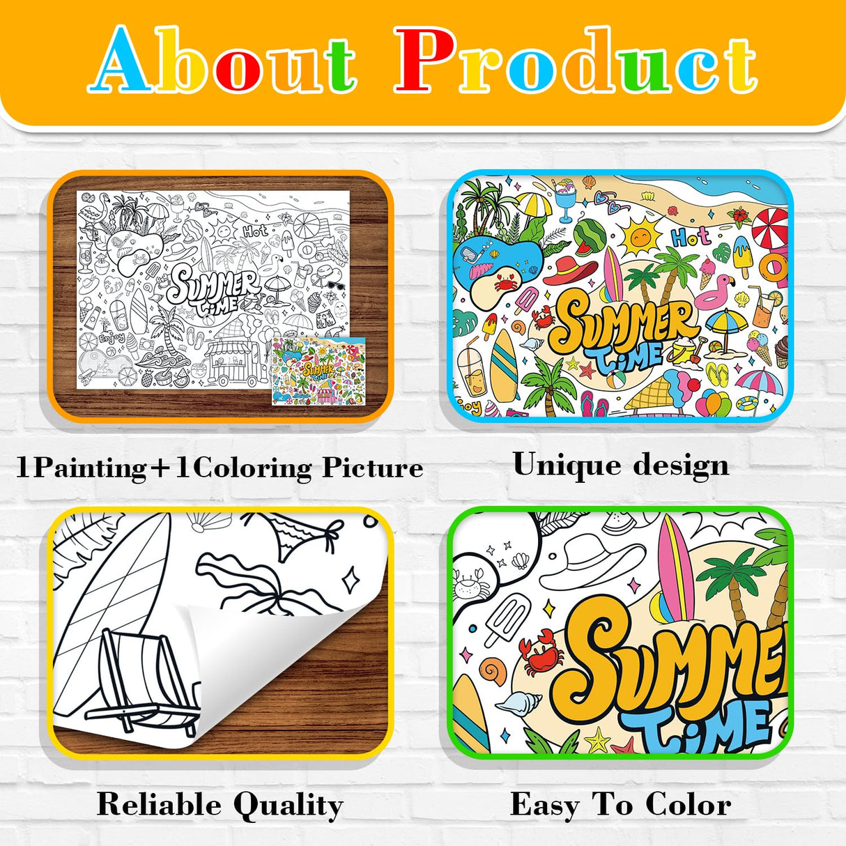 43.3x31.5" Summer Coloring Poster with Picture, Giant Summer Time Painting Poster, Large Coloring Tablecloth for Classroom Home Birthday Party Supplies Favor Nicime