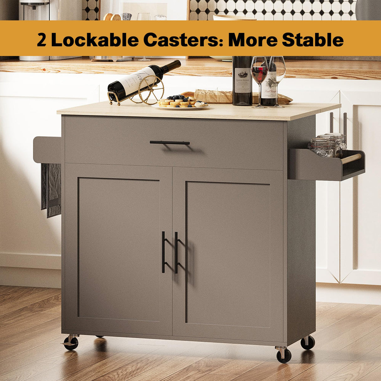 IRONCK Rolling Kitchen Island Table on Wheels with Solid Wood Top, Drop Leaf, Drawer and Storage Cabinet, 47" W Kitchen Cart with Spice & Towel Rack, Dark Gray IRONCK