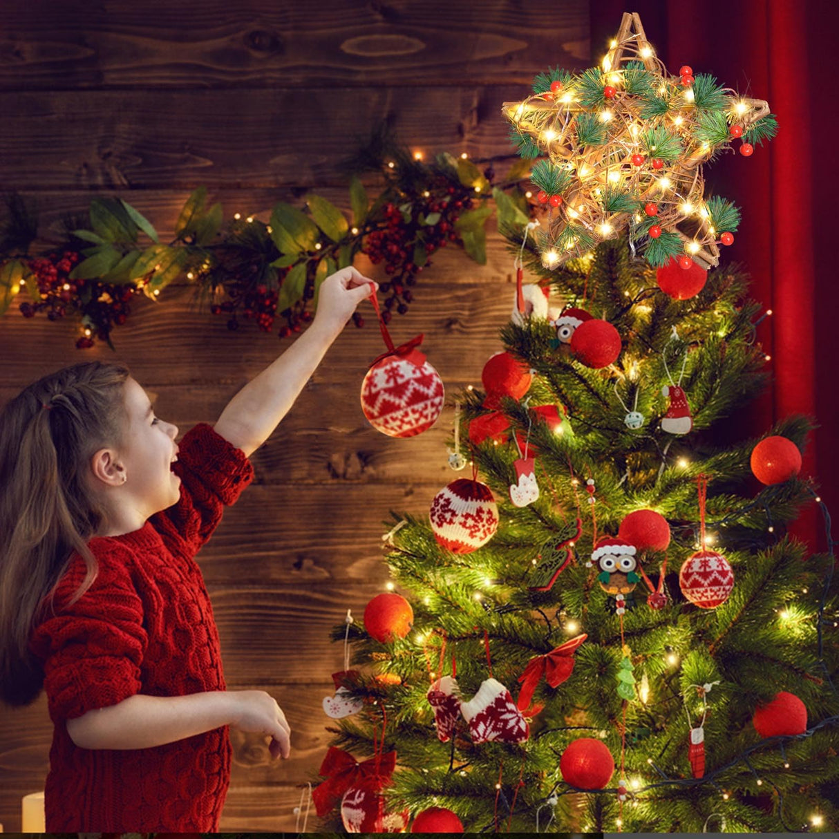 Windpnn Upgraded Star Christmas Tree Topper for Christmas Decorations, Natural Star with Rustic Christmas Ornaments, for Indoor Office Farmhouse Xmas New Year Holiday Tree Decorations (Warm White) Windpnn