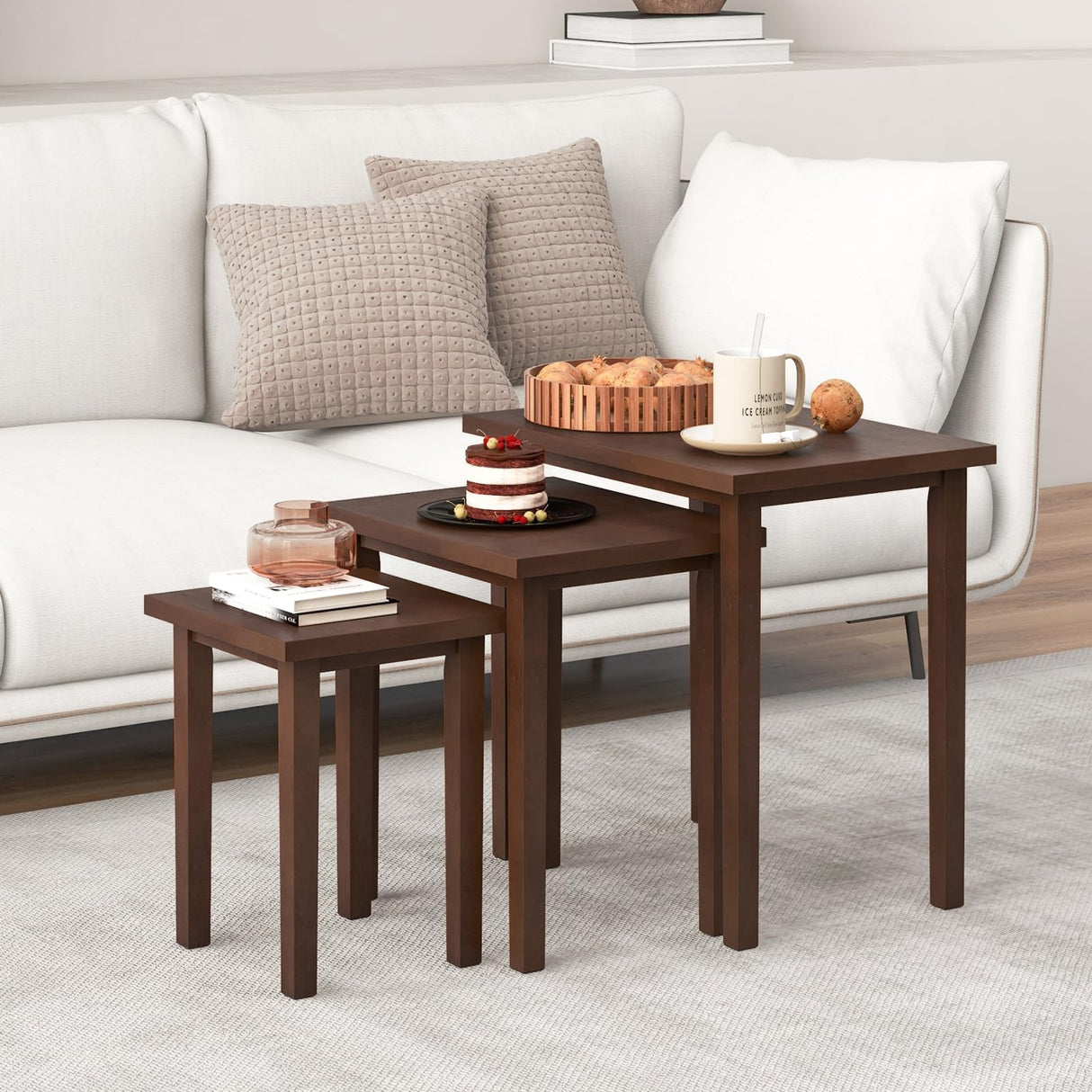 Giantex Nesting Tables Set of 3, Farmhouse Stacking Side Tables with Rubber Legs, Wooden Rectangle Accent End Tables, Nesting Coffee Tables for Living Room Bedroom, Walnut Giantex