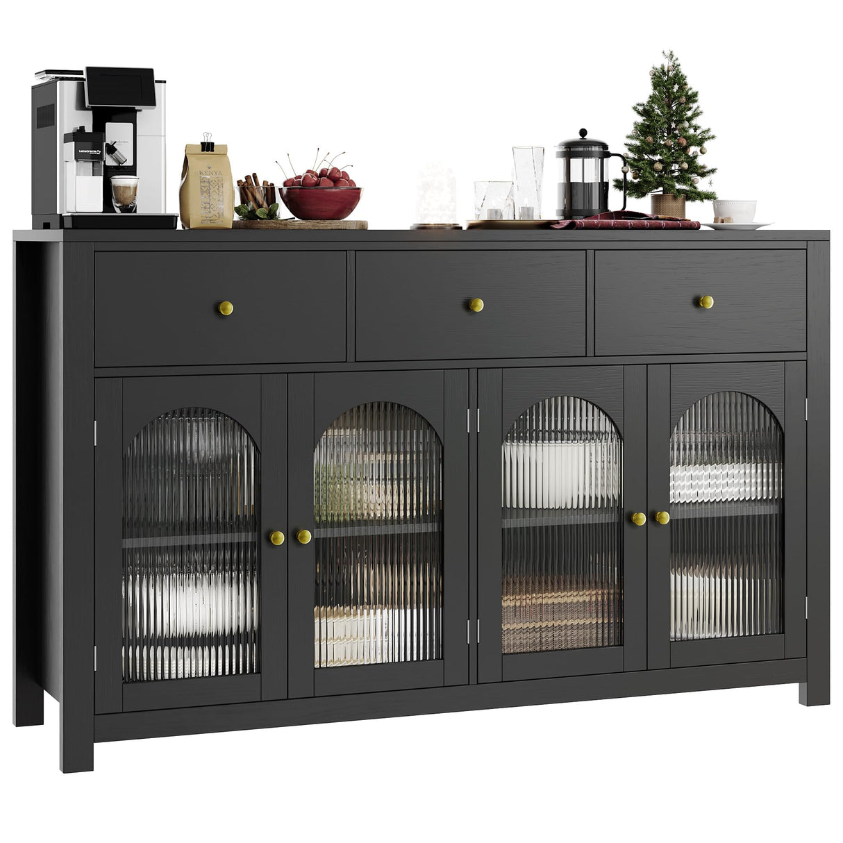 finetones Buffet Cabinet with Storage, 55.1" Large Sideboard Buffet Cabinet, Farmhouse Kitchen Cabinet Display Cabinet with 3 Drawers and 4 Doors, Wood Coffee Bar Cabinet for Kitchen, Black finetones