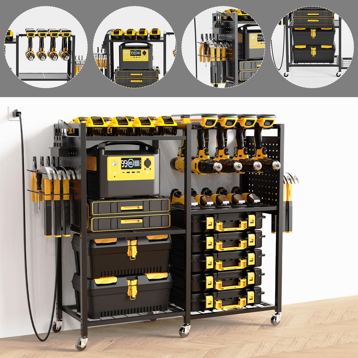 Goyappin 6-Tier Large Power Tool Organizer Cart with Charging Station, Heavy-Duty Garage Rolling Tool Cart with 6 Wheels, 8 Hooks & Adjustable Shelves, Holds 700LBS+ Goyappin
