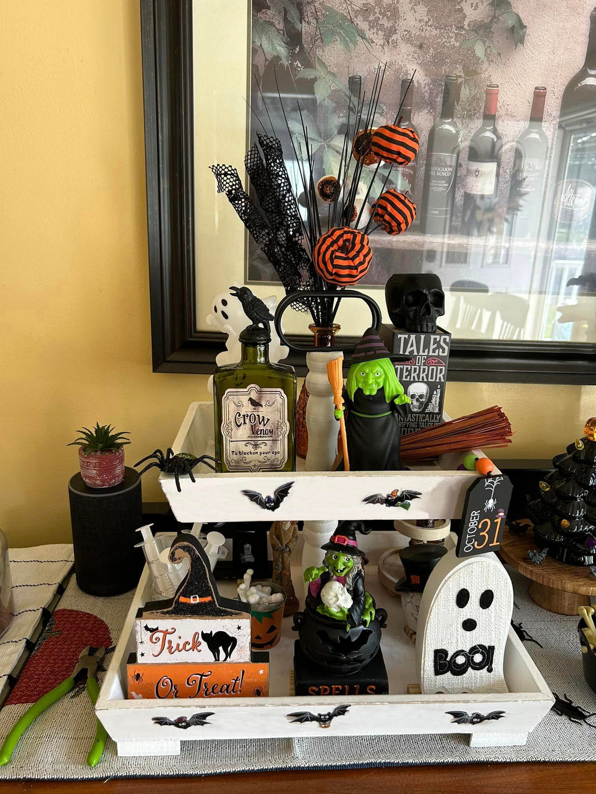 SHINGYU Rectangle Wooden 2 Tiered Tray, Tiered Farmhouse Tray, Kitchen Table Stand, Tier Serving Tray, for Food Fruits Cupcake Display Coffee Bar Home Party Seasonal Decorations (White) SHINGYU