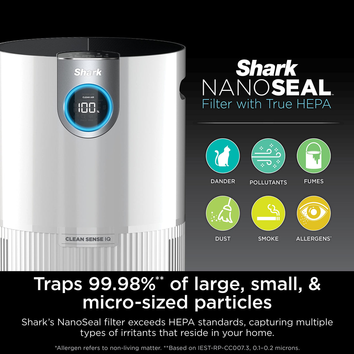 Shark Air Purifier for Home Large Room, Clean Sense Technology, HEPA Air Filter, 1000 Sq Ft, Kitchen, Filters Smoke, Captures 99.98% of Particles, Pet Dander, Pollutants, Dust, Allergens, HP201 Shark