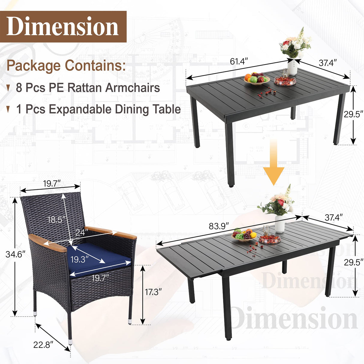 Sophia & William 9 Pieces Expandable Outdoor Dining Set for 8 People, Extendable Patio Dining Set with Metal Patio Table and 8 Rattan Chairs, Large Outdoor Dining Furniture Set for Porch Garden Sophia & William