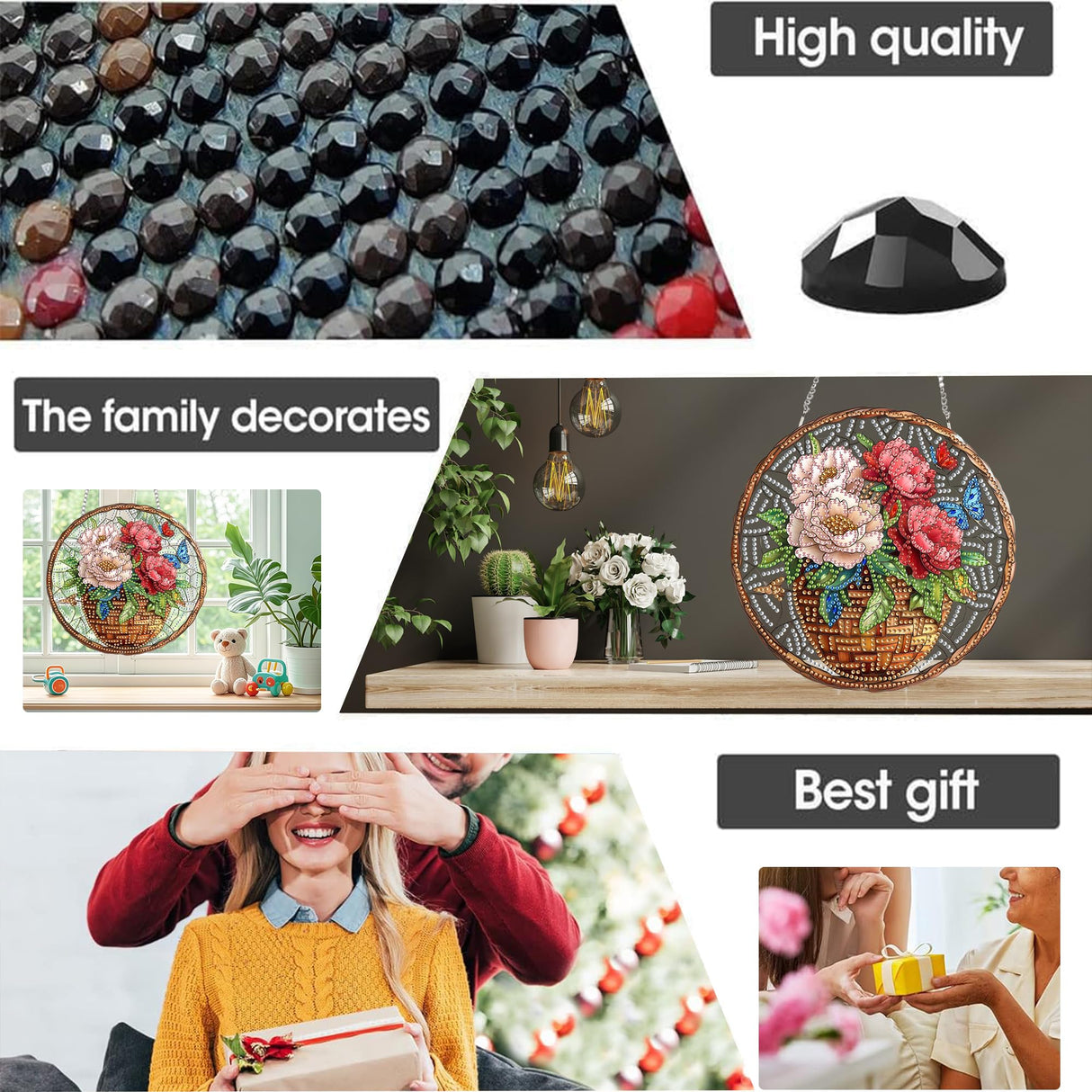 Yomiie Hanging Diamond Art Ornament Kits– DIY Double Sided Acrylic Sun Catcher with Flowers, Front Door Sign & Porch Decor, Crystal Diamond Painting Pendant for Home, Garden, Windows (8x8 inch) Yomiie