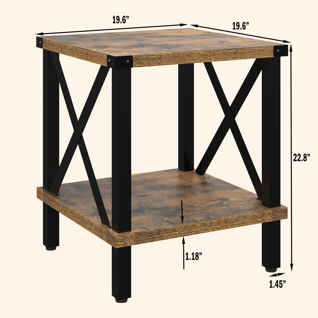 MMEOLUOOK Large End Table Farmhouse Side Table Industrial Style Sofa Table Coffee Table Metal X Wood Accent End Table NightStand with Storage Shelf for Living Room Bedroom MLBZ16R MMEOLUOOK