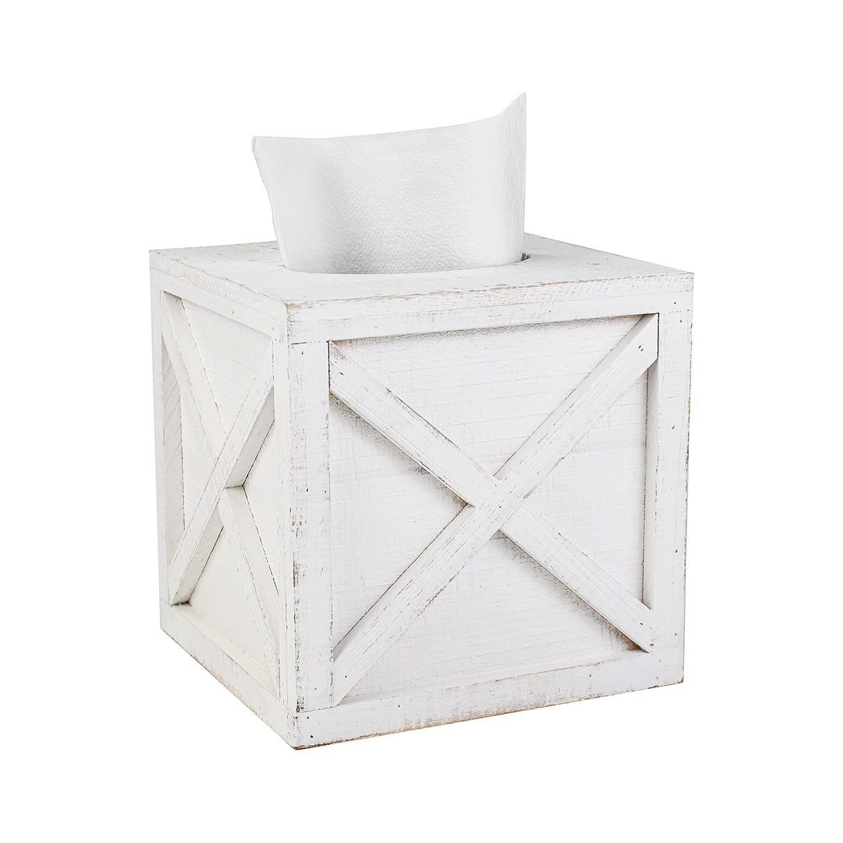 Karisky Farmhouse Square Tissue Box Cover with Slide-Out Bottom Panel, Wood Rustic Paper Facial Tissue Box Cover Holder for Bathroom, Bedroom, Night Stands, Office, 6 x 6 inch, White Karisky