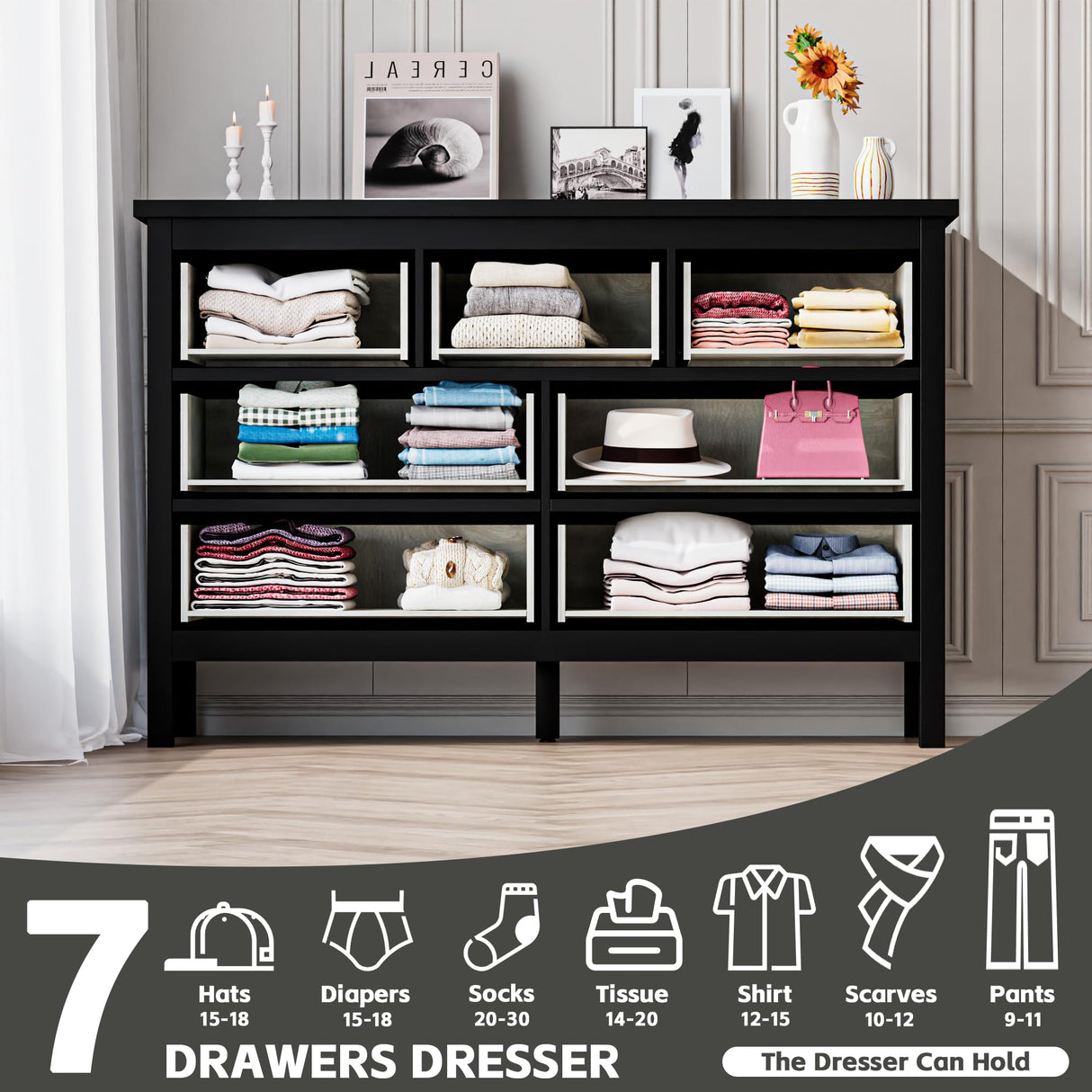 Tradare Black Dresser for Bedroom, 7 Drawer Wood Double Dresser with Golden Handles, Wide Chest of Organizer Storage Drawers for Living Room, Hallway, Entryway Tradare