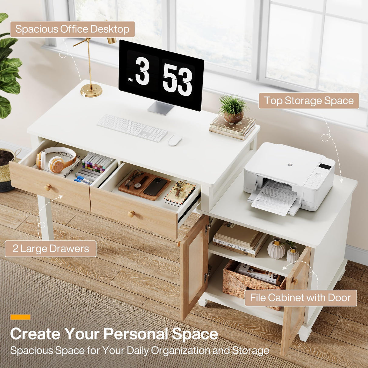 Tribesigns Office Desk with Storage, Reversible Computer Desk with Drawers and Printer Space, Modern Study Writing Table Workstation for Home Office, Bedroom (White + Light Walnut) Tribesigns