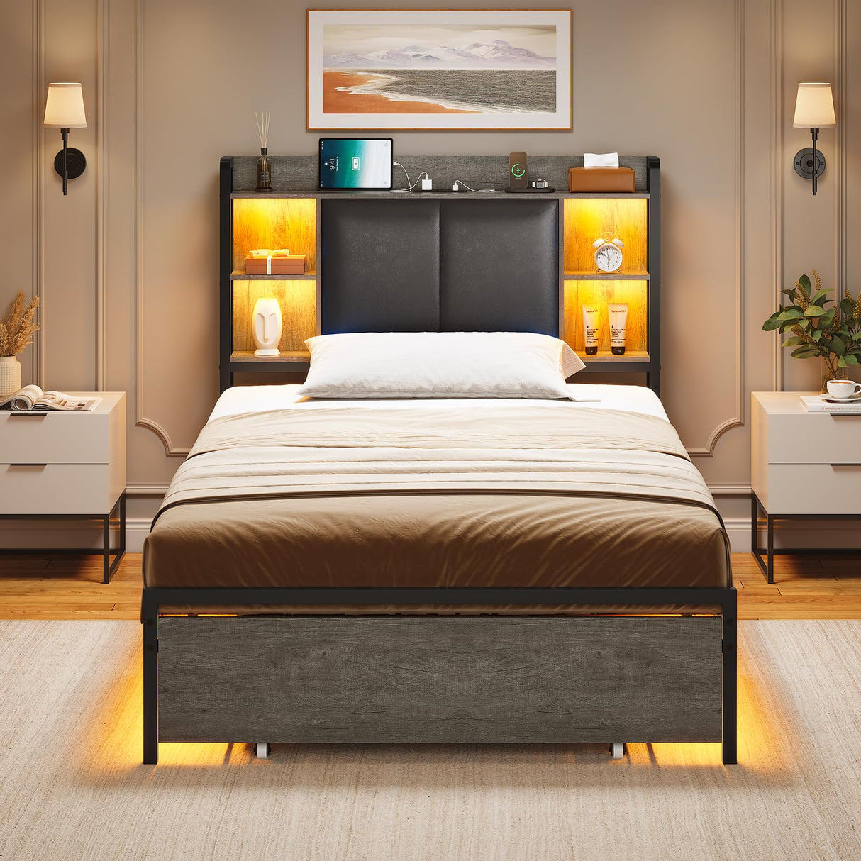 AOGLLATI Modern Twin Bed Frame with LED Lights, Storage Headboard and Drawers in Black Oak AOGLLATI