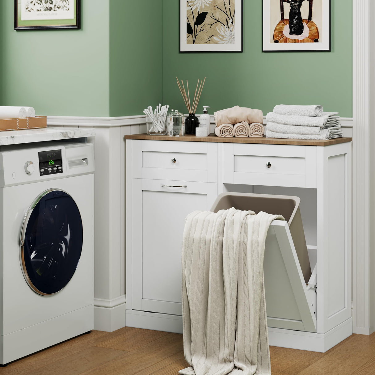 Yongchuang Double Tilt Out Trash Can Cabinet 20 Gallon, Kitchen Wooden Hidden Garbage Can Cabinet with Drawer, Tilt Out Laundry Hamper Cabinet with Storage White Yongchuang