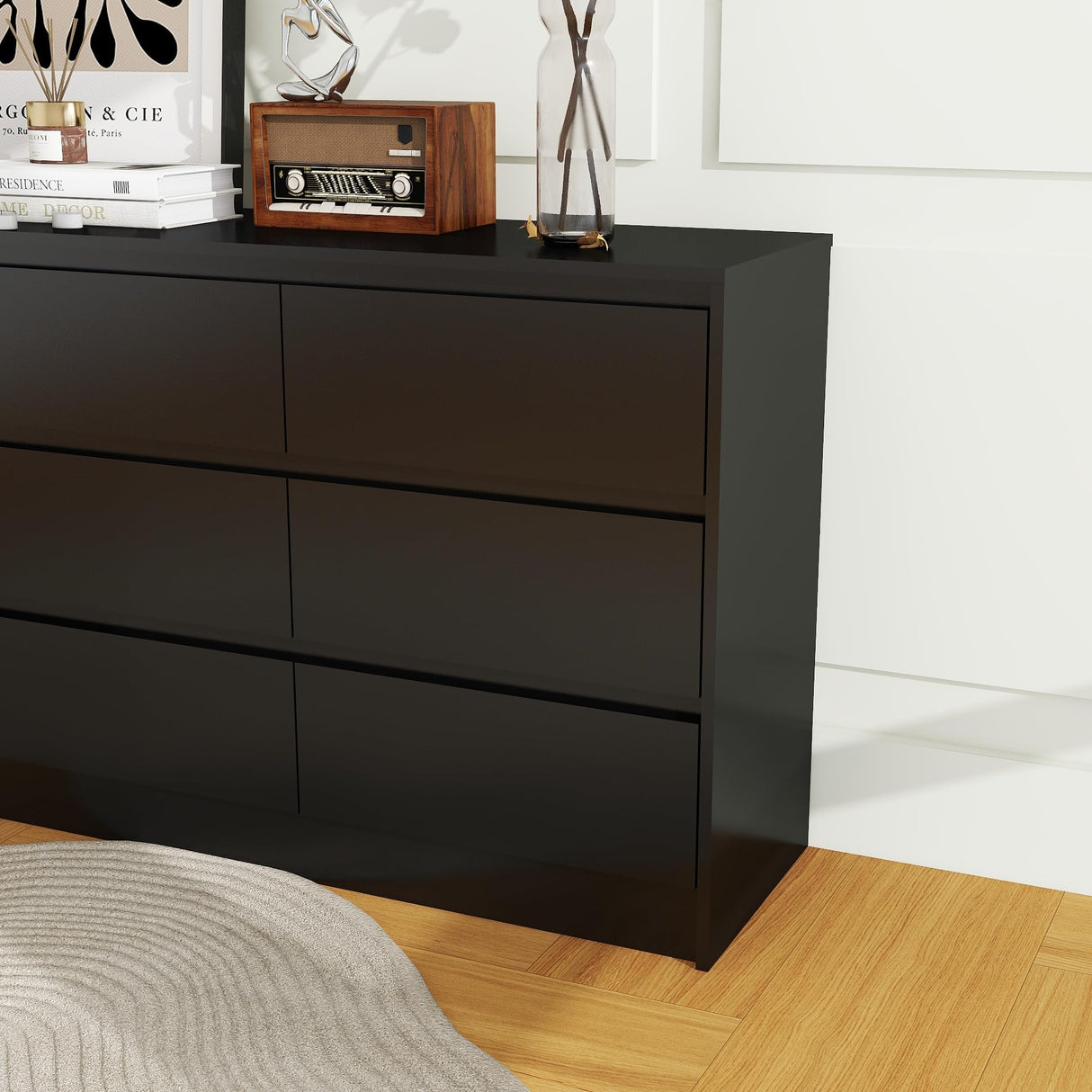 Modern 9 Drawer Wood Dresser for Bedroom, Large Floor Storage Drawer Cabinet Lateral Chest of Drawers Handle Free Organizer for Closet Living Room (Black, 9 Drawer) Panana
