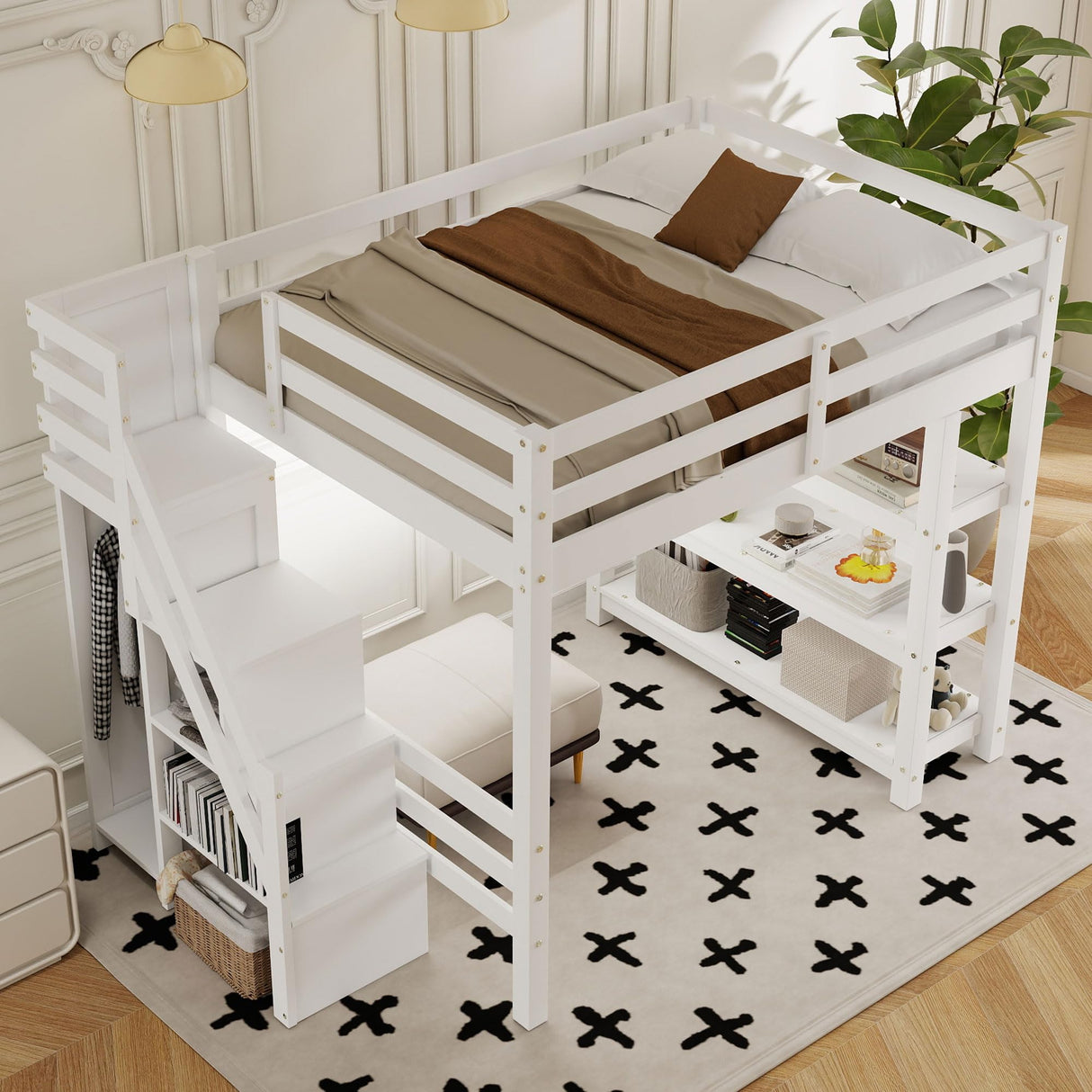 Bellemave Full Loft Bed with Stairs and Shelves, Wood Loft Bed with Bookcase and 3-Tier Shelves, Wardrobe, LED for Kids, Teens, Adults, White Bellemave