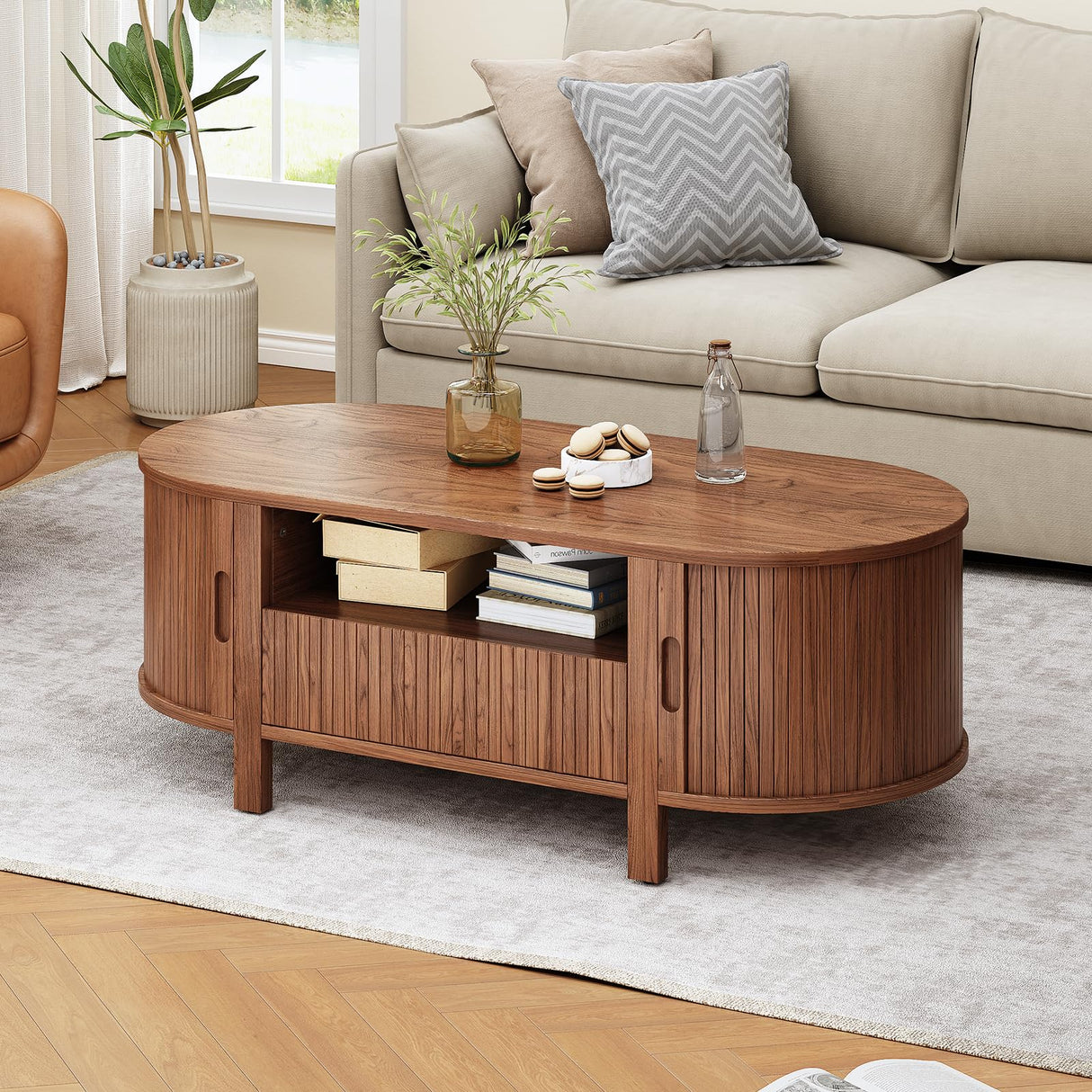 ONBRILL 47.2 Inch Oval Coffee Table with Storage, Mid Century Modern Coffee Table with Drawer, Center Table with Sliding Door and Wood Fluted Handle for Living Room, Walnut ONBRILL