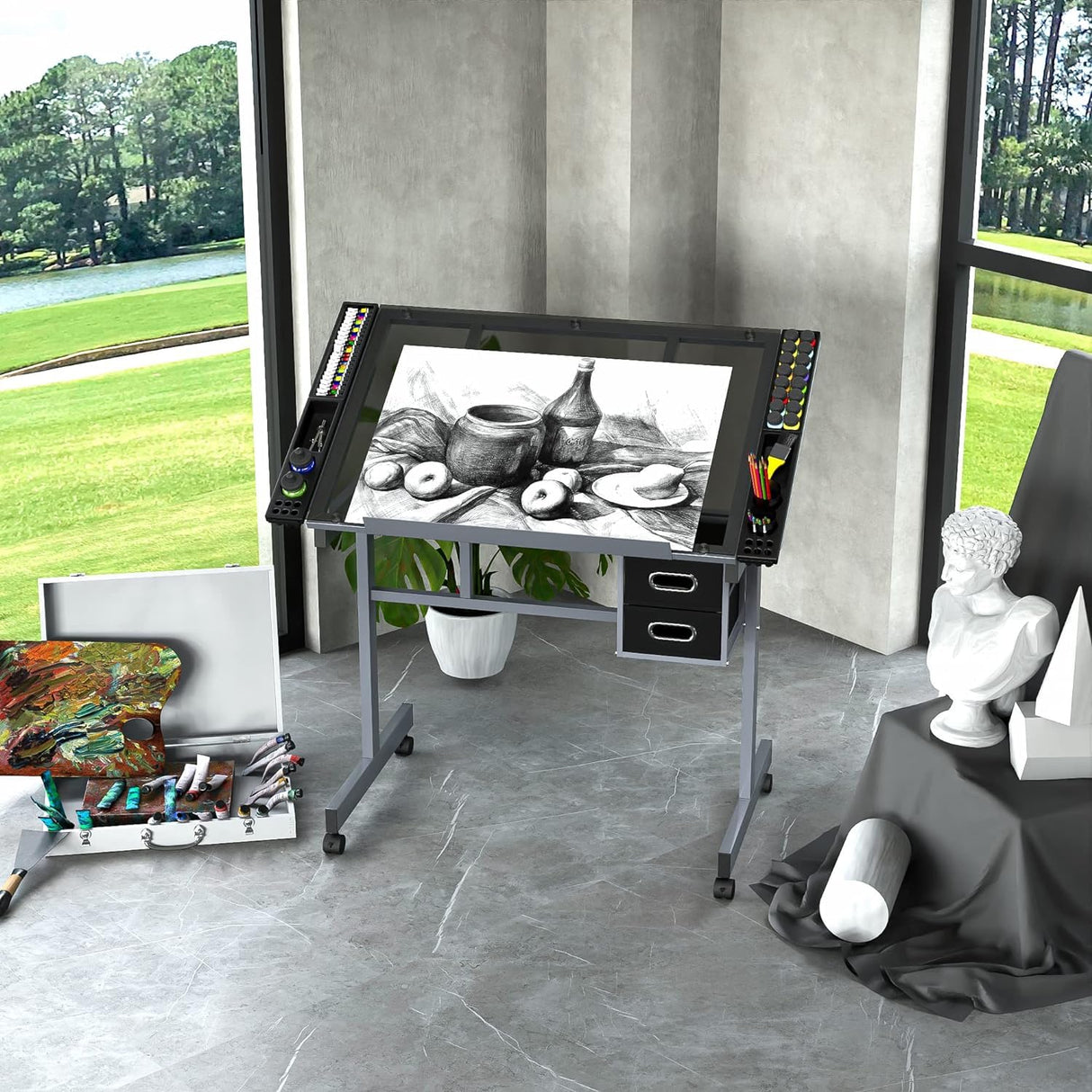 Oteymart Adjustable Drafting Table with Glass Tabletop, Art Desk and Craft Work Station, Includes 2 Slide Drawers and Wheels for Home Office, Ideal for Reading, Writing, and Painting Oteymart