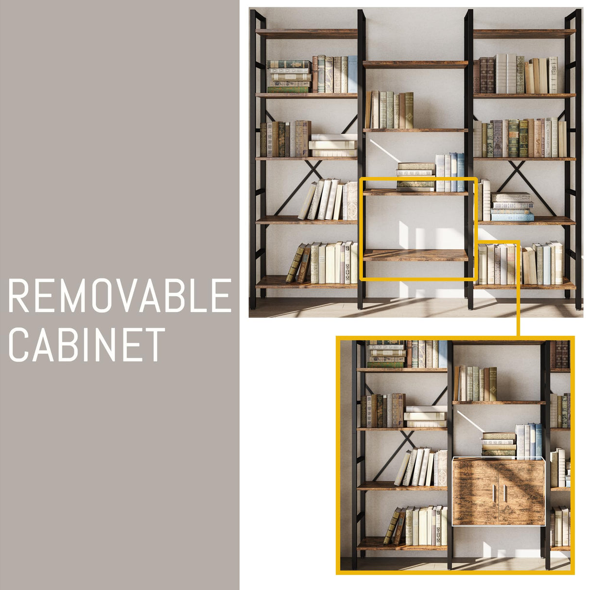 70 x70" Triple 5 Tier Book Shelf, Industrial Large Bookcase with Storage Cabinet, Tall Bookshelf with 14 Open Display Shelves Metal Frame Furniture for Living Room Bedroom Home Office Rustic Brown astimey