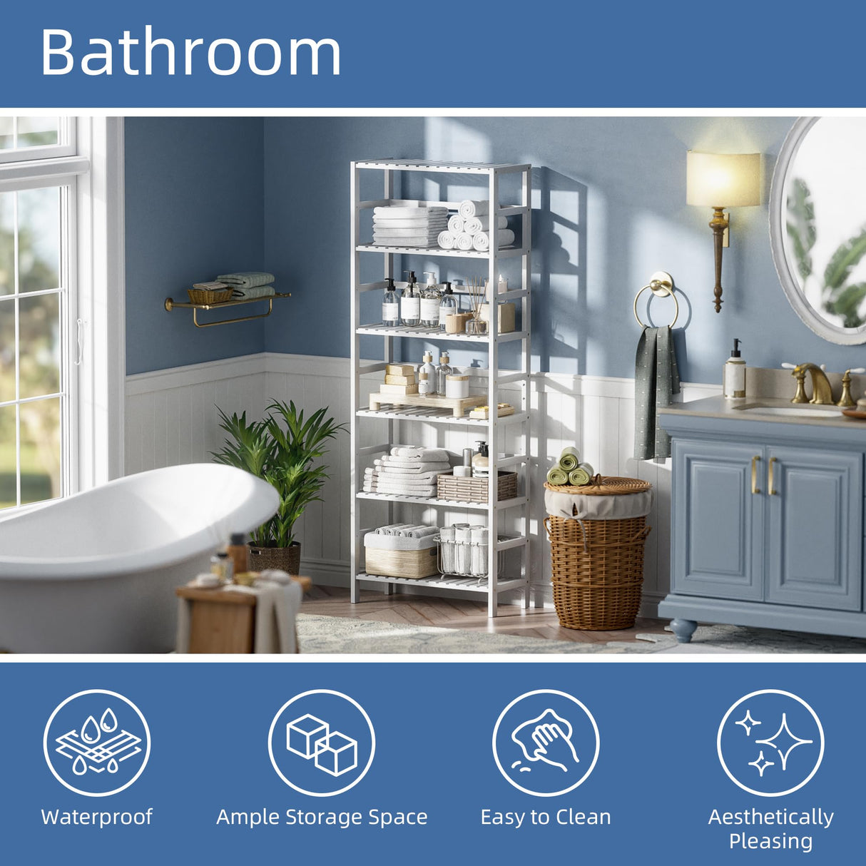 HITNET Bookshelf, 6-Tier Tall Bookcase Freestanding Bamboo Book Shelf Bathroom Storage Organizer with Adjustable Shelves, White HITNET