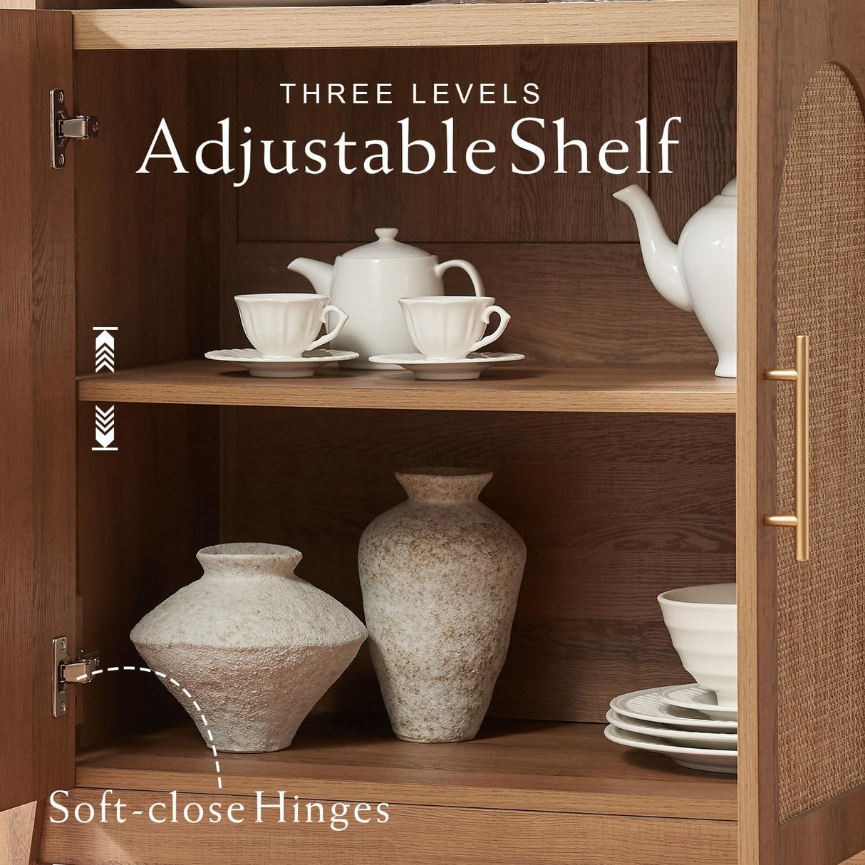 RowyPoey Rattan Arched Cabinet Bookshelf - 69.3” Tall Mid Century Display Cabinet, Rounded Bookcase with Rattan Doors, Open Shelf Storage for Dining Room (Caramel Oak, 1 PC) RowyPoey