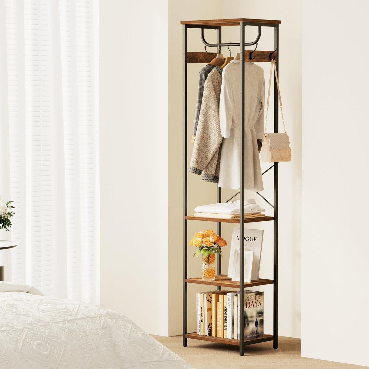 Cerlyunzan Coat Rack With Hanging Rod, Garment Rack With 3 Wooden Shelves and 4 Hooks, Freestanding Hall Tree, Industrial Clothes Rack Stand Organizer, Rustic Brown and Black Cerlyunzan