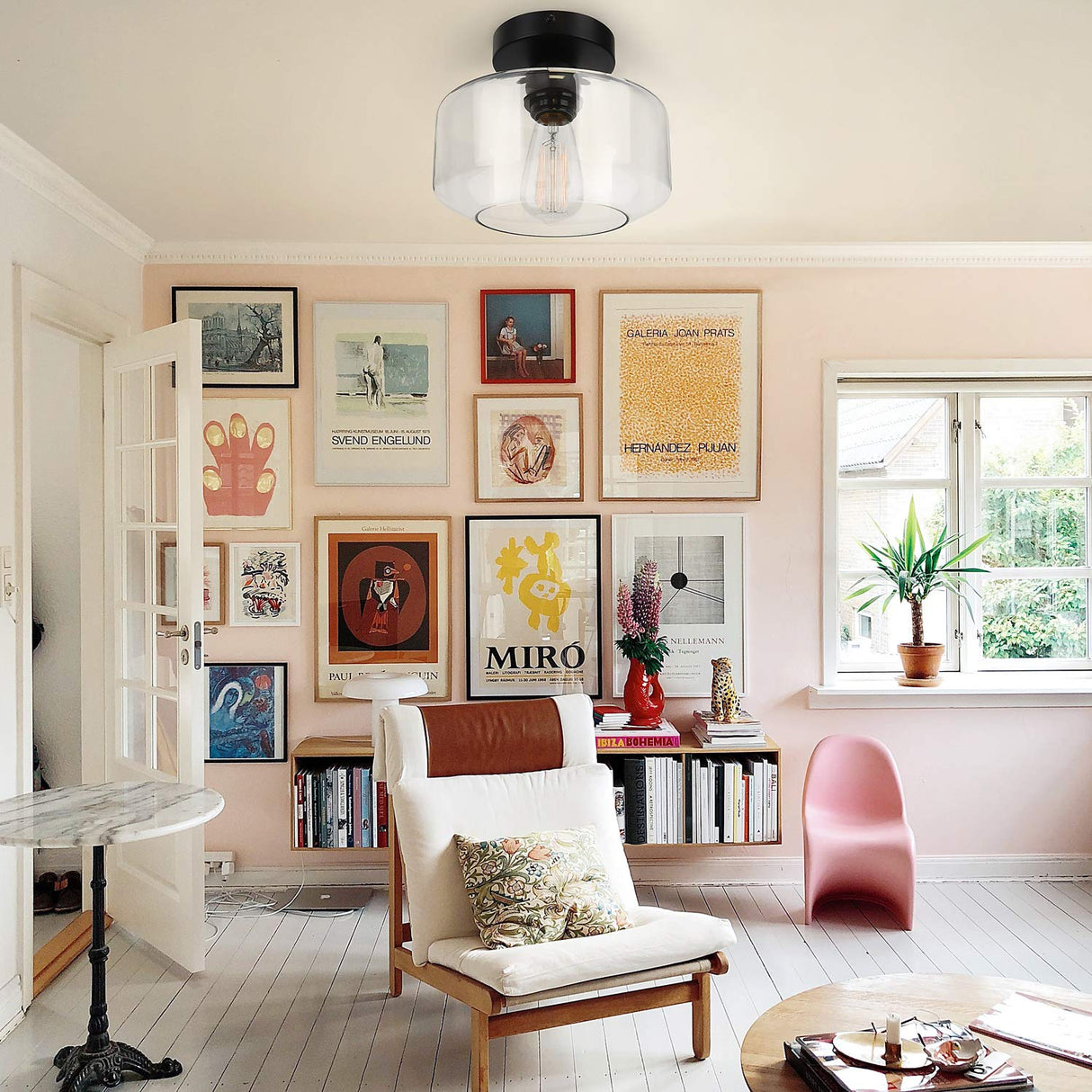 MAXvolador Industrial Semi Flush Mount Ceiling Light, Clear Glass Pendant Lamp Shade, Farmhouse Lighting for Hallway, Vintage Hanging Light Fixtures MAXvolador