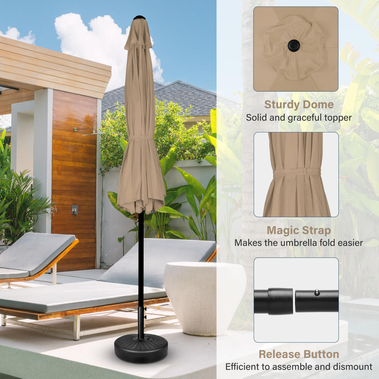 Simple Deluxe 7.5ft Patio Umbrella Outdoor Table Market Yard Umbrella with Push Button Tilt/Crank, 6 Sturdy Ribs for Garden, Deck, Backyard, Pool, Tan Simple Deluxe