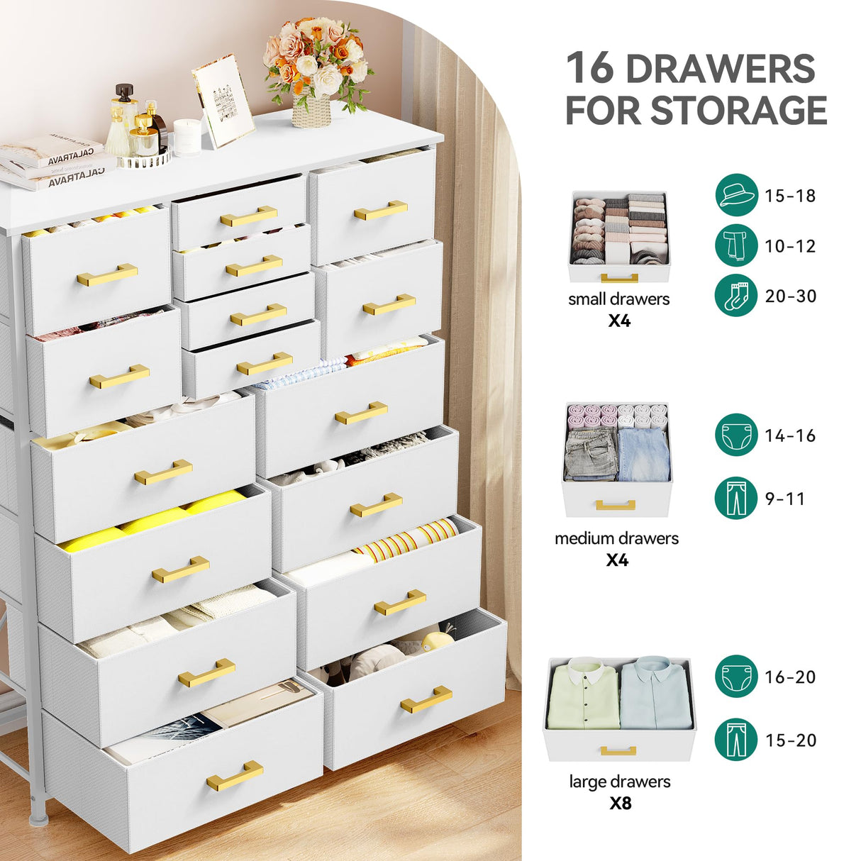 YITAHOME Dresser for Bedroom with 16 Drawers, Large Chest of Drawers, Tall Dressers for Bedroom with Wood Top and Metal Frame YITAHOME