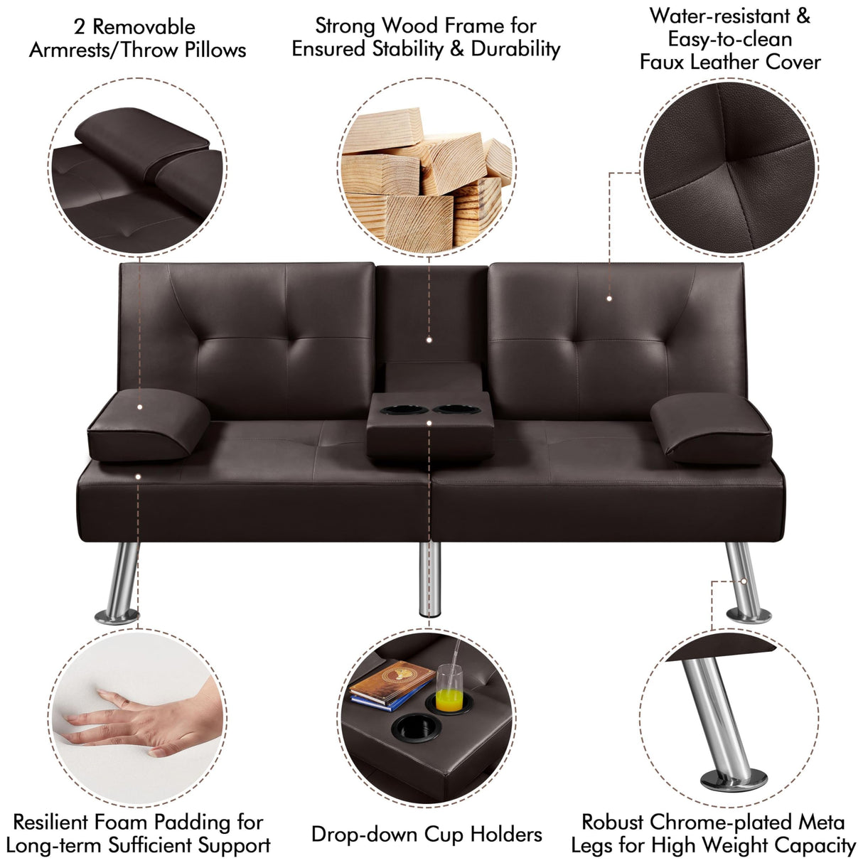 Yaheetech Convertible Sofa Adjustable Couch Sleeper Modern Faux Leather Home Reversible Loveseat, Removable Armrests, 3 Angles, 772lb Capacity, Espresso Yaheetech