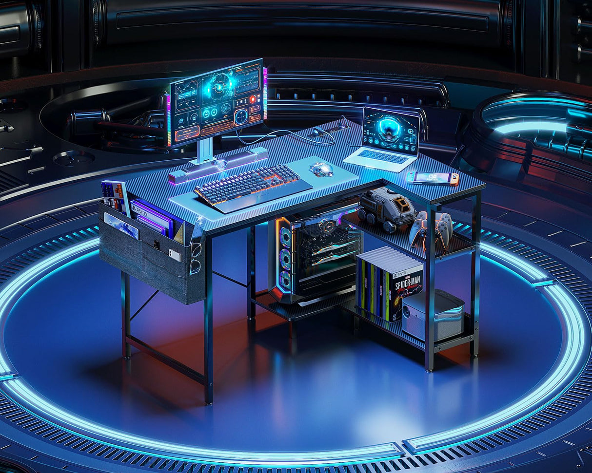 ODK 40 Inch Small L Shaped Gaming Computer Desk with Power Outlets, Corner Desk with Reversible Storage Shelves & PC Stand for Small Space, Modern Simple Home Office Table, Carbon Fiber Surface, Black ODK