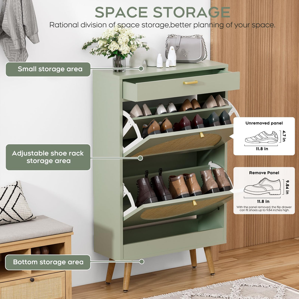 Yechen Shoe Rack Storage Organizer with 2 Natural Semi-Circular Rattan Doors, Entryway Wooden Shoe Cabinet for Sneakers, Leather Shoes, High Heels, Slippers (1 Piece, Morandi Green) Yechen