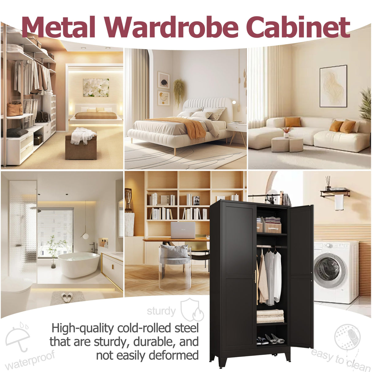 GAIOUS Metal Wardrobe Cabinet with Hanging Rod, 71" Metal Clothing Storage Cabinets with 2 Doors and Adjustable Shelves, Black Armoire Wardrobe Closet for Bedroom, Laundry Room, Cloak Room GAIOUS