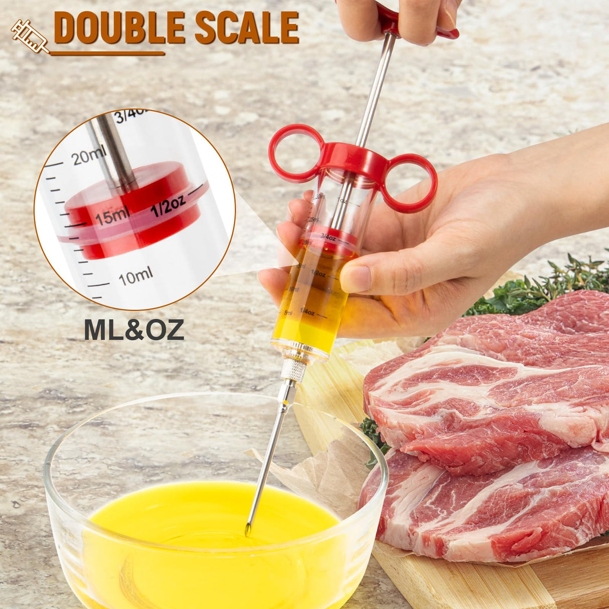 Kingsmile Meat Injector, Turkey Injector Syringe - 3 Needles for BBQ Grill, 1oz Meat Injector Syringe, Injector Marinades for Meats, Meat Injectors for Smoking 1 Cleaning Brush Easy to Use & Clean Red Kingsmile