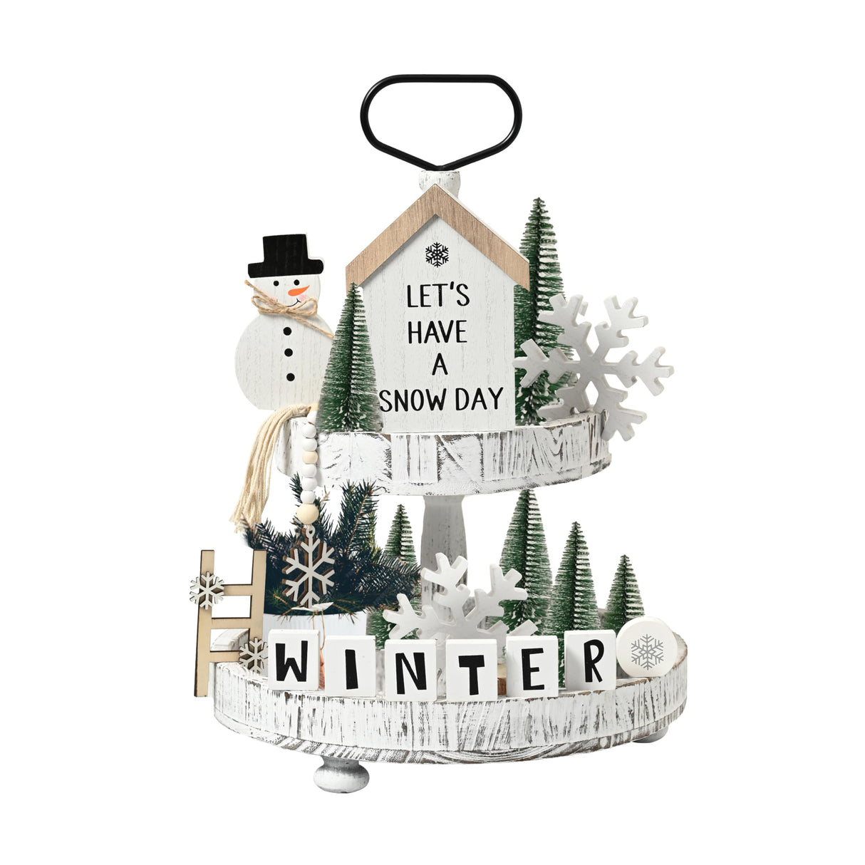 FESTGLOX 14Pcs Winter Christmas Tiered Tray Decor, Snowman Wood Signs Set for Tiered Tray, Small Rustic Winter Snowman Signs and Christmas Tree for Home Table Decoration (Tray Not Included) FESTGLOX