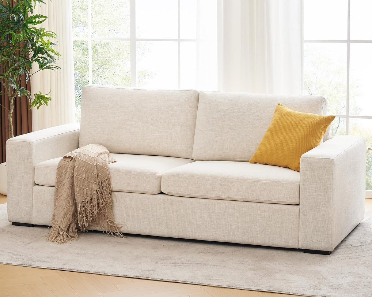 ELUCHANG 85" Modern Sofa Couches for Living Room, 3 Seater Sofa, Natural Linen Deep Seat Sofa with Upholstered Cushion&Detachable Cover, Comfy Sofa Couch for Small Space, Apartment, Cream ELUCHANG