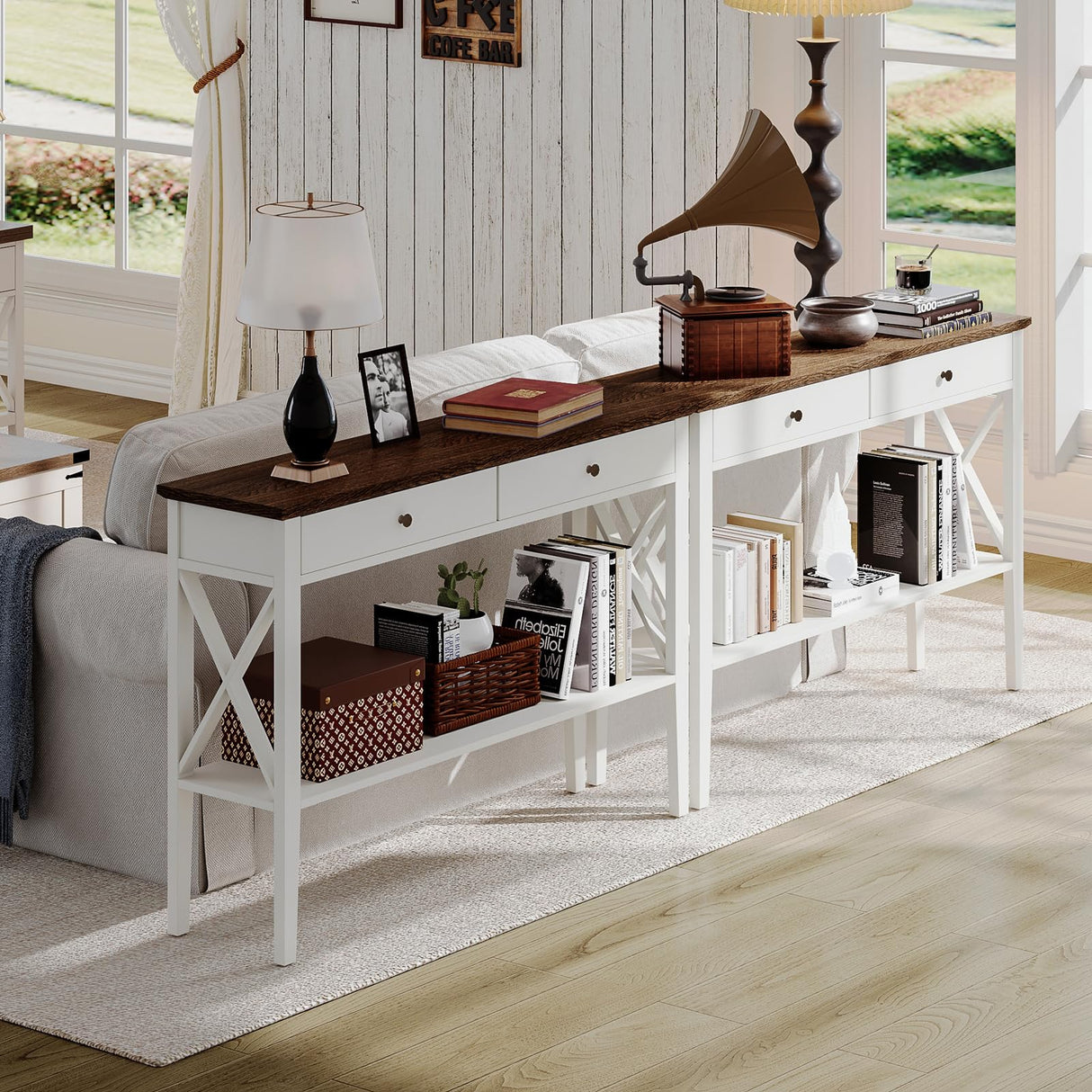 ChooChoo Farmhouse Console Table with Drawers, Narrow Wood Accent Sofa Table Entryway Table with Storage Shelf for Entryway, Front Hall, Hallway, Living Room, Antique White & Brown ChooChoo