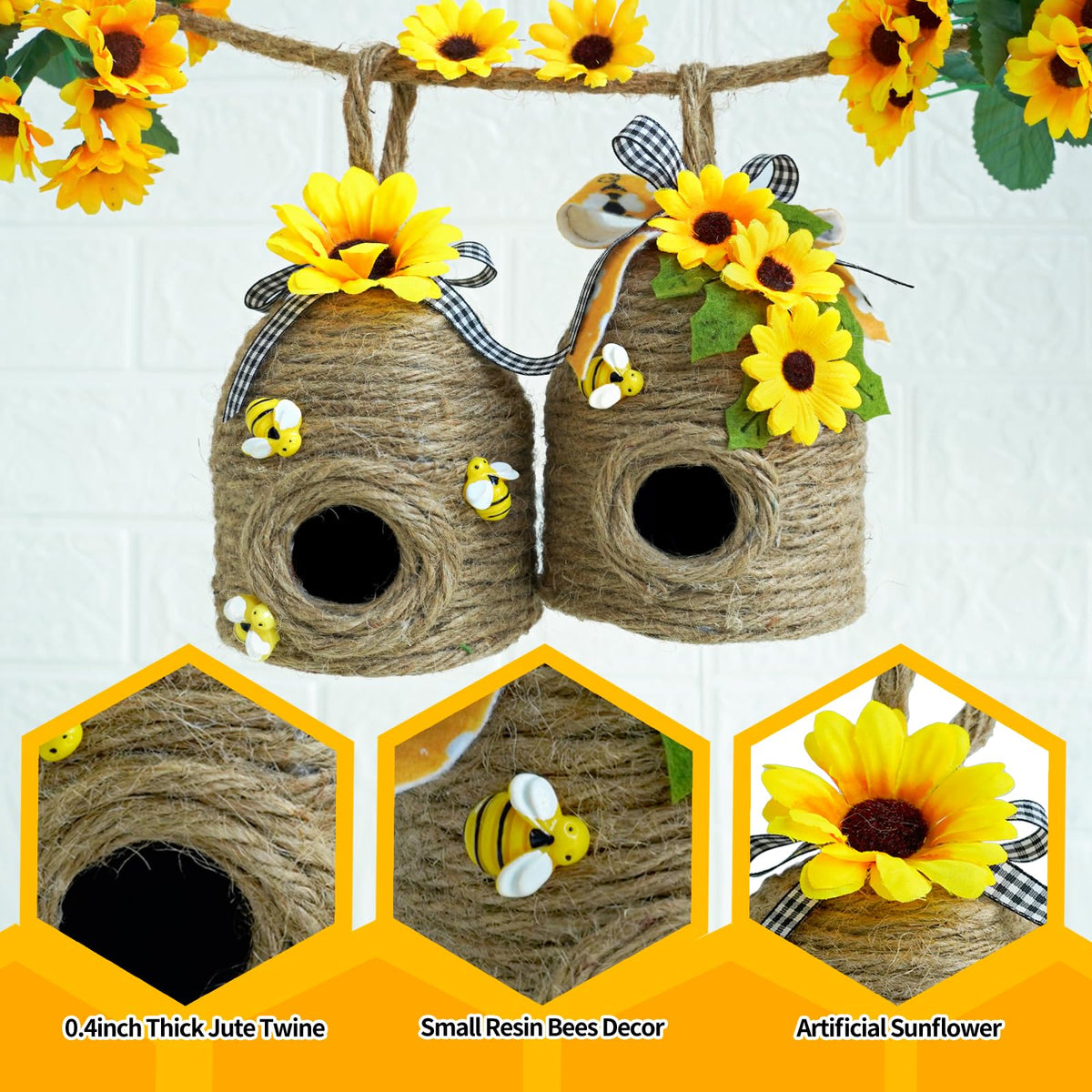Bigger Bee Hive Decor,2 Pack Bumble Bee Rustic Decor Hive,Natural Bee House, Bumble Bee Theme Party Decor Spring Summer Rustic Farmhouse Kitchecn Table Decor, Honey Bee Tiered Tray Decor CRCZK