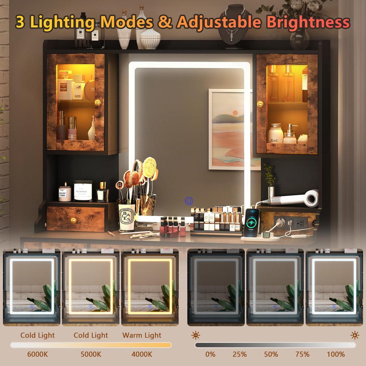 Vanity Desk with Mirror and Power Outlet, 41.3'' Large Make up Vanity Table with 6 Storage Drawers & RGB Cabinets, Dressing Table with 3 LED Lighting Modes Adjustable, for Girls, Women, Rustic Brown Aiguazi