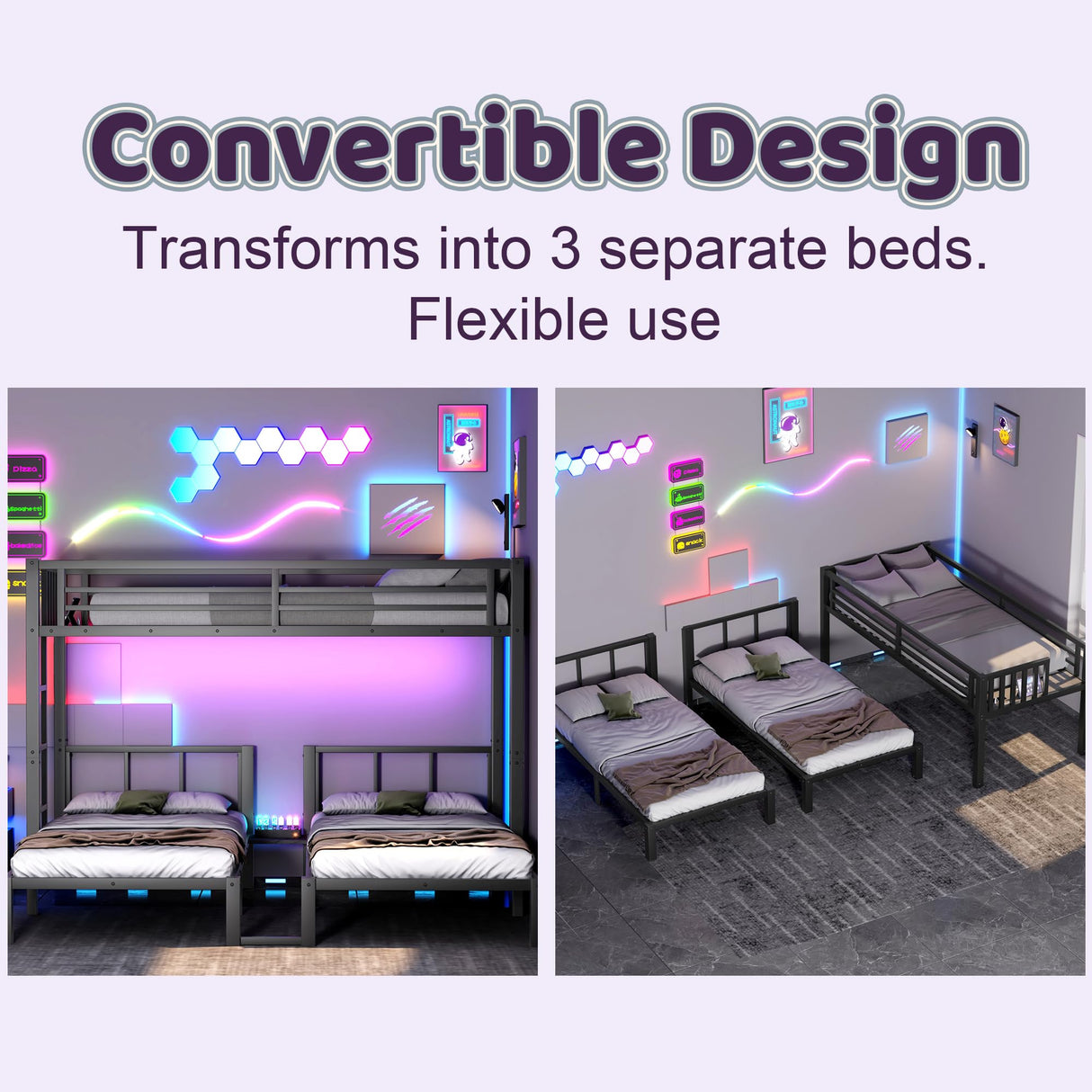 Duxelifin Triple Bunk Bed with LED Lights,Metal Bunk Beds Convertible to 3 Beds with Charging Station,Heavy Duty Bunk Bed Frame with Guardrails and Ladder, for Kids Teens(Black) Duxelifin